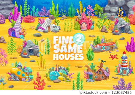 Find two same underwater house buildings, kids game worksheet. Same picture finding kids game, objects compare riddle vector page with sunken boat and submarine, lighthouse, castle fairy buildings Find two same underwater house buildings, kids game worksheet. Same picture finding kids game, objects compare riddle vector page with sunken boat and submarine, lighthouse, castle fairy buildings 123087425