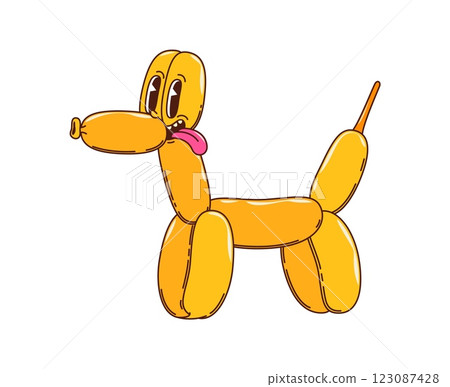 Retro groovy dog shaped holiday air balloon character. Isolated cartoon vector cute puppy balloon y2k personage with smiling face, and sticking tongue, exuding festive mood during party celebration Retro groovy dog shaped holiday air balloon character. Isolated cartoon vector cute puppy balloon y2k personage with smiling face, and sticking tongue, exuding festive mood during party celebration 123087428