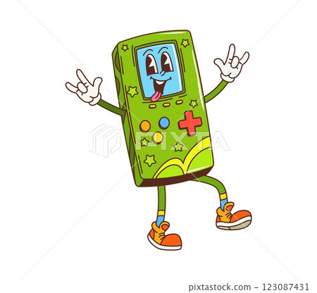 Retro hippie groovy game console with funny face and funky smile, vector cartoon character. Comic groovy handheld game console with freaky tongue out and cool fingers gesture for gaming character Retro hippie groovy game console with funny face and funky smile, vector cartoon character. Comic groovy handheld game console with freaky tongue out and cool fingers gesture for gaming character 123087431