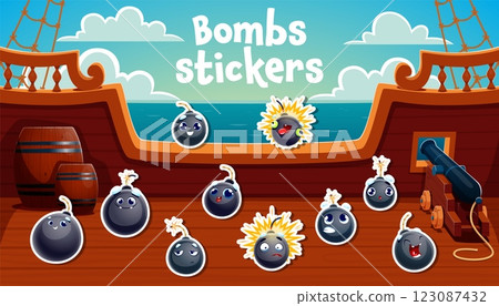 Cartoon pirate bomb characters stickers pack. Funny retro round black bombs with wicks and exploding grenades vector personages on old pirate corsair ship deck with cannon and gunpowder barrels Cartoon pirate bomb characters stickers pack. Funny retro round black bombs with wicks and exploding grenades vector personages on old pirate corsair ship deck with cannon and gunpowder barrels 123087432