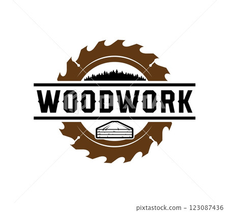 Carpentry and woodwork equipment shop icon. Timber construction business round emblem or vector icon, carpentry hardware and tool shop, furniture repair workshop company symbol with circular saw disk 123087436
