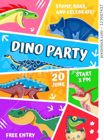 Dino kids party flyer with funny dinosaurs and prehistoric lizards, vector cartoon poster. Dino museum or Jurassic park entertainment party event flyer with giant dinosaurs, dino reptiles and lizards Dino kids party flyer with funny dinosaurs and prehistoric lizards, vector cartoon poster. Dino museum or Jurassic park entertainment party event flyer with giant dinosaurs, dino reptiles and lizards 123087437