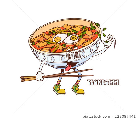 Cartoon Korean cuisine food character of Asian soup bowl, vector funny face. Groovy Tteokbokki or hot spicy rice cake noodles in bowl plate with chopsticks and happy smile for Korean cuisine character Cartoon Korean cuisine food character of Asian soup bowl, vector funny face. Groovy Tteokbokki or hot spicy rice cake noodles in bowl plate with chopsticks and happy smile for Korean cuisine character 123087441