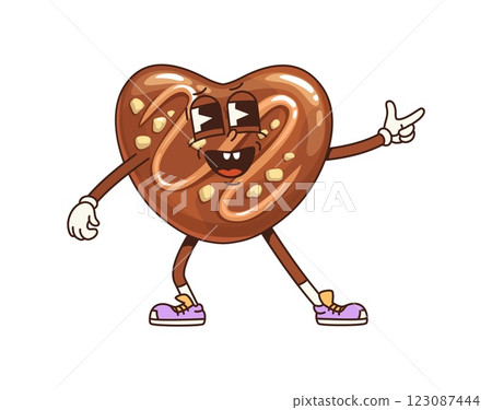 Retro groovy chocolate candy or sweet funny character, cartoon vector confection. Groovy chocolate candy in heart shape with freaky funky face and smile for choco sweets and dessert cartoon character 123087444