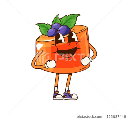 Funny groovy pudding dessert character. Cafe pastry cute cartoon personage or restaurant sweet meal cheerful groovy vector mascot. Holiday pudding dessert with blueberries funny isolated character 123087446