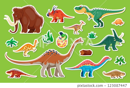 Dinosaur characters stickers and cartoon prehistoric lizards of Jurassic era and ice age, vector icons. Kids funny dinosaurs stickers collection of mammoth and cute dino baby hatching from egg 123087447