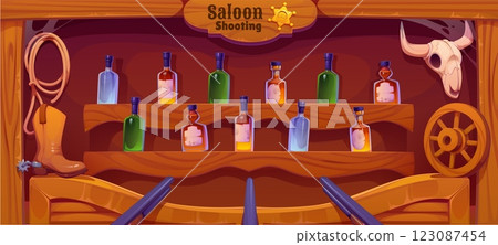 Wild West saloon carnival shoot game, shooting range in Western amusement park with vector cartoon bottles targets and guns. Wild West saloon or tavern bar carnival shoot game background frame 123087454
