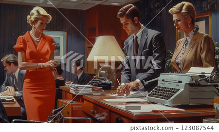 A dynamic office scene showcasing professionals engaged in teamwork and discussion. 123087544