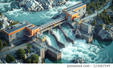 A dynamic view of a hydroelectric power station amidst flowing water. A dynamic view of a hydroelectric power station amidst flowing water. 123087545