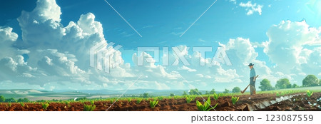 A farmer works in a lush field under a bright, expansive sky filled with clouds. 123087559