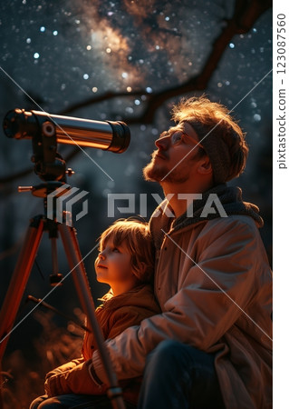 A father and child stargazing with a telescope under a starry night sky. 123087560