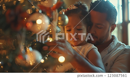 A father and daughter share a joyful moment decorating a Christmas tree together. 123087561