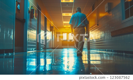 A figure walks down a brightly lit corridor, reflecting deep thoughts and solitude. 123087562