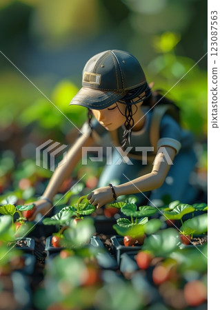 A figurine representing a gardener tending to vibrant strawberry plants in a field. 123087563