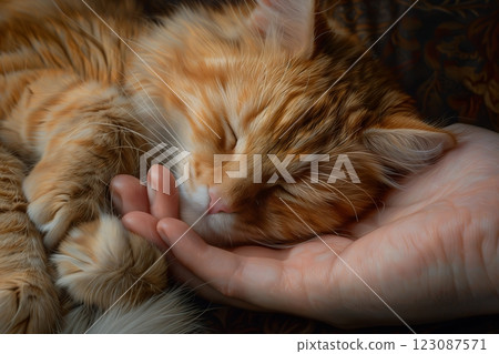 A fluffy orange cat peacefully sleeping in a hand, showcasing tranquility and affection. A fluffy orange cat peacefully sleeping in a hand, showcasing tranquility and affection. 123087571
