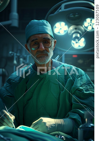 A focused surgeon prepared for an intricate operation in a modern surgical room. A focused surgeon prepared for an intricate operation in a modern surgical room. 123087589