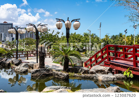 The Japanese garden, on Fortaleza's waterfront avenue, on Nautico beach at Fortaleza, Ceara, Brazil 123087620