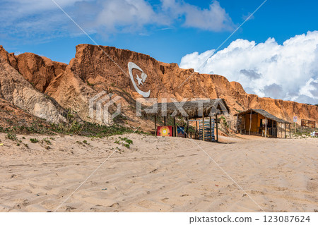 The rock formations at Canoa Quebrada Beach at Canoa Quebrada, state of Ceara, Brazil 123087624