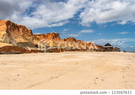 Famous barracas, bars and restaurants at Canoa Quebrada Beach, Brazil 123087631