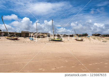 Fisherboats at Canoa Quebrada Beach at Aracati in Ceara, Brazil. Bay Coastline Fisherboats at Canoa Quebrada Beach at Aracati in Ceara, Brazil. Bay Coastline 123087633