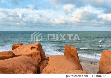 The rock formations at Canoa Quebrada Beach at Canoa Quebrada, state of Ceara, Brazil 123087639
