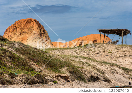 The rock formations at Canoa Quebrada Beach at Canoa Quebrada, state of Ceara, Brazil 123087640