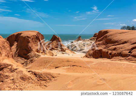 The rock formations at Canoa Quebrada Beach at Canoa Quebrada, state of Ceara, Brazil 123087642