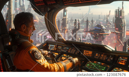 A futuristic pilot operating advanced controls in a sci-fi spacecraft cockpit. 123087676