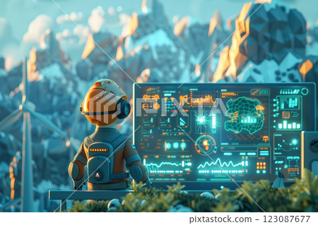 A futuristic robot monitoring environmental data in a scenic landscape. 123087677