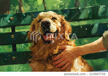 A happy golden retriever enjoying a sunny day in the park with a playful touch. 123087730