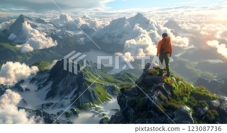 A hiker stands triumphantly on a mountain peak, overlooking a breathtaking landscape. 123087736