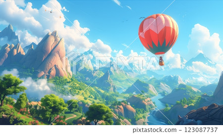 A hot air balloon soaring above breathtaking mountain landscapes and rivers. A hot air balloon soaring above breathtaking mountain landscapes and rivers. 123087737