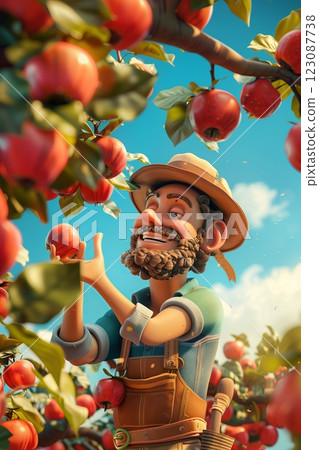 A jovial farmer joyfully inspecting ripe apples in a vibrant orchard under blue skies. 123087738