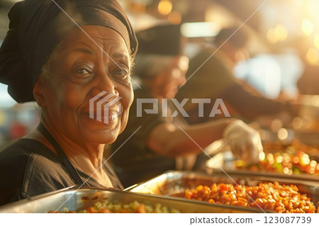 A joyful chef serving vibrant, colorful dishes in a bustling kitchen environment. 123087739