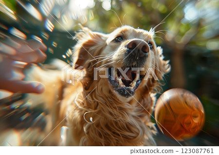 A joyful golden retriever playing with a ball in a sunny garden setting. 123087761