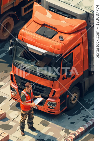 A logistics worker inspects an orange truck in a busy loading area. 123087774