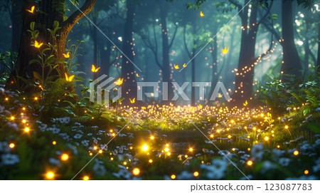 A magical forest glow with fireflies and blooming flowers at twilight. 123087783