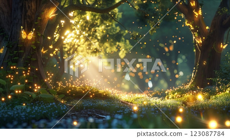 A magical forest scene illuminated by glowing light and fluttering butterflies. 123087784