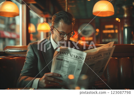 A man reading a newspaper in a cozy cafe ambiance with warm lighting. 123087798