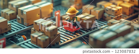 A miniature worker navigating through a warehouse filled with packages. 123087832