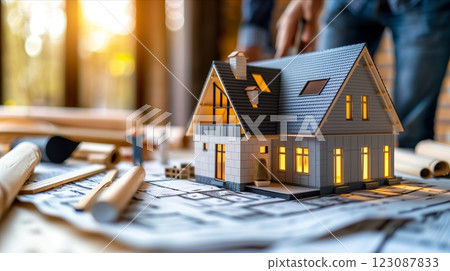 A model house surrounded by blueprints and tools in a beautifully lit workspace. 123087833
