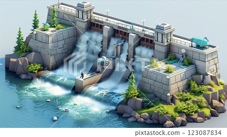 A modern dam landscape featuring flowing water, rocks, and lush greenery. A modern dam landscape featuring flowing water, rocks, and lush greenery. 123087834
