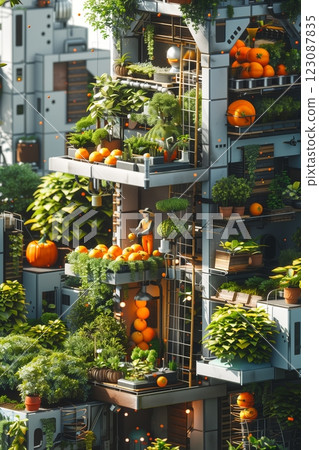 A modern urban building seamlessly integrating nature with vibrant greenery and fruits. 123087835