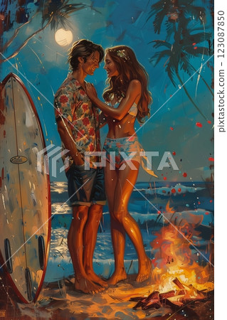 A romantic beach scene featuring a couple by a campfire with a surfboard at sunset. 123087850