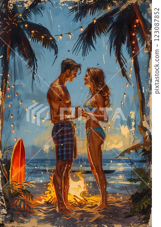 A romantic beach scene with a couple holding hands under palm trees at sunset. 123087852