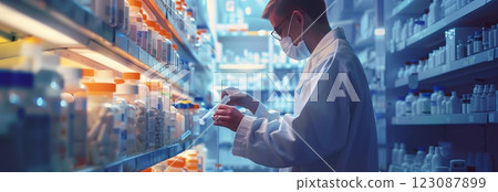 A pharmacist organizes medications in a modern pharmacy with a focus on health. 123087899