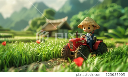 A playful animated farmer riding a red tractor through lush green fields. A playful animated farmer riding a red tractor through lush green fields. 123087905
