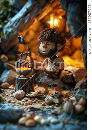 A playful caveman figure cooking by a warm fire inside a cozy cave setting. 123087906