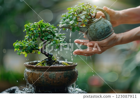 A person watering a beautiful bonsai tree, showcasing vibrant green leaves and tranquility. A person watering a beautiful bonsai tree, showcasing vibrant green leaves and tranquility. 123087911