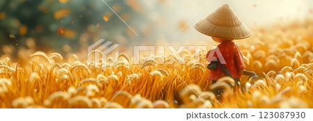 A person in a straw hat walks through a golden field during sunset. 123087930
